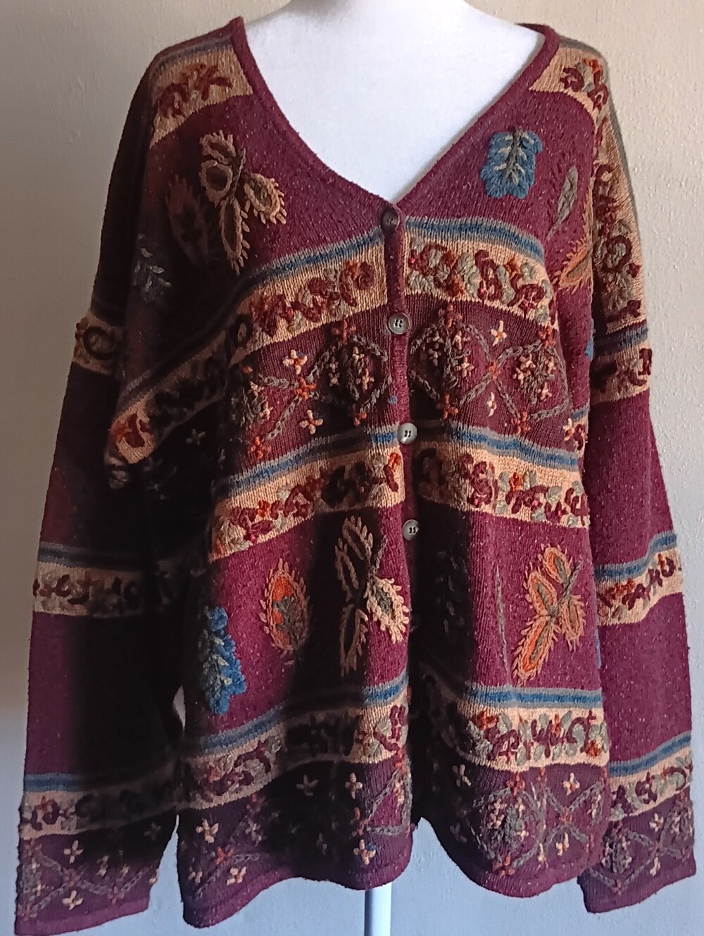 Portraits Northern Isles Hand Embroidered Wool Silk Blend VTG Floral Cardigan XL